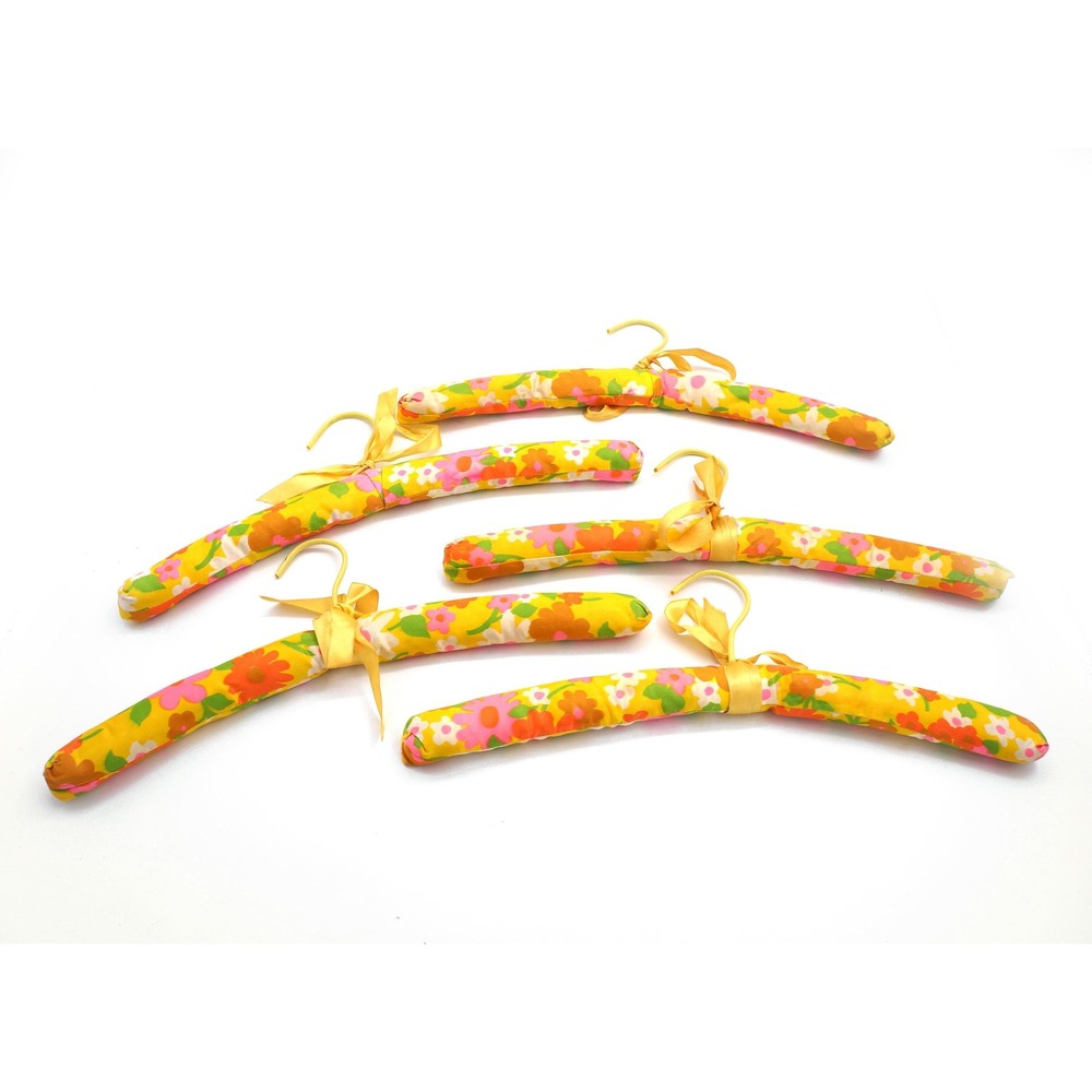 VTG Floral Satin Clothing Hangers 60s 70s Mod Groovy‎ Yellow Pink Flowers Hippy